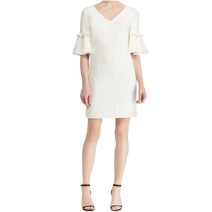 Lauren Ralph Lauren Women 12 Crepe Ruffle Bell Sleeve Dress Lined Zip Back Cream
